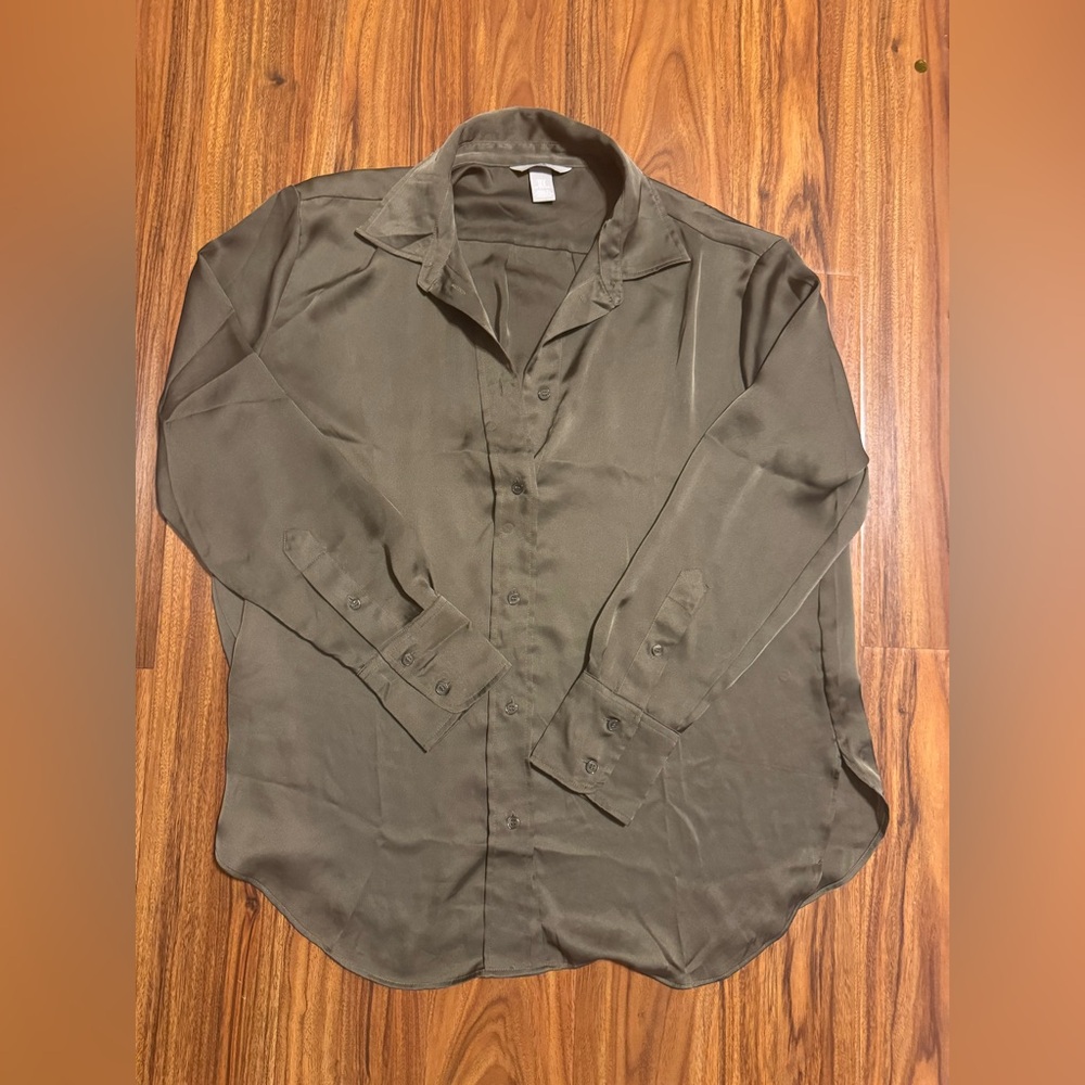 H&M button up satin olive green long sleeve top